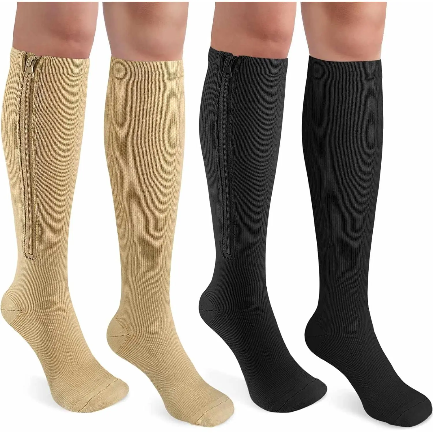 Unisex Zipper Knee Socks - 2 Pairs 15-20 mmHg Closed Toe Compression Stockings for Male, Varicose Vein & Edema Relief (Baby & Maternity Fashion Accessory), Adults