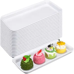 20 Pcs 14 x 6 Inch Rectangle Reusable Plastic Serving Trays Plates for Wedding Home Table Thanksgiving Christmas Party(White)