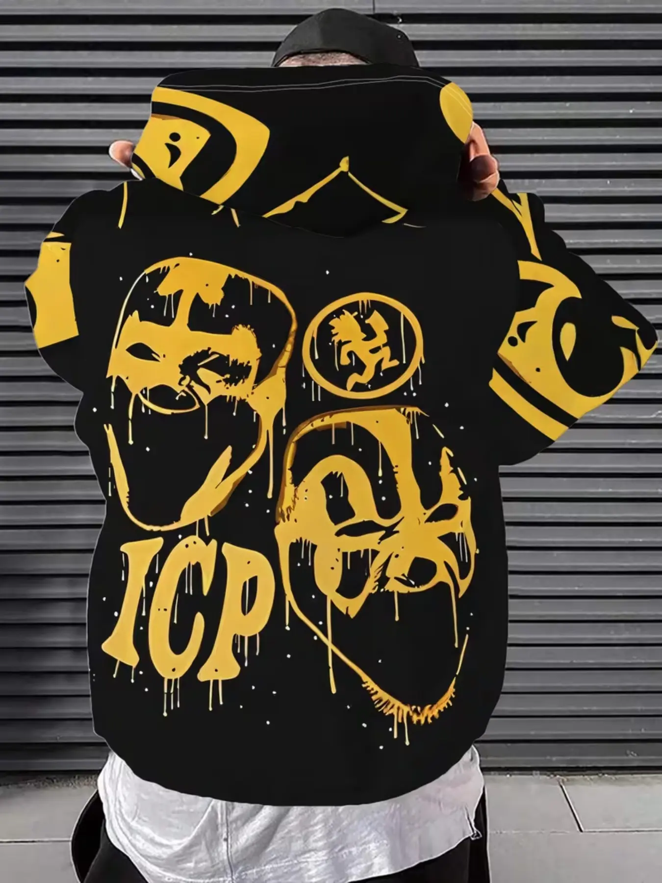 Men's Streetwear Hoodie with Gold Mask and Icp Text, Casual Long Sleeve Fitted Sweatshirt, All Seasons Artistic Design
