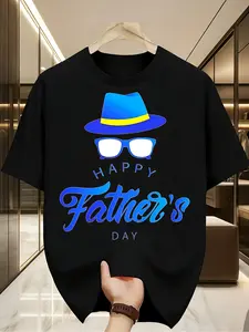 Men'S Women'S Happy Father'S Day T-Shirt with Hat Glasses Graphic - Casual Crew Neck - Comfort Tee, Machine Washable Suitable for Casual Attire, Gift For, Apparel_Crop Funny Graphic Tees Perfect Gift Idea for Birthday Holiday Or Everyday Wear
