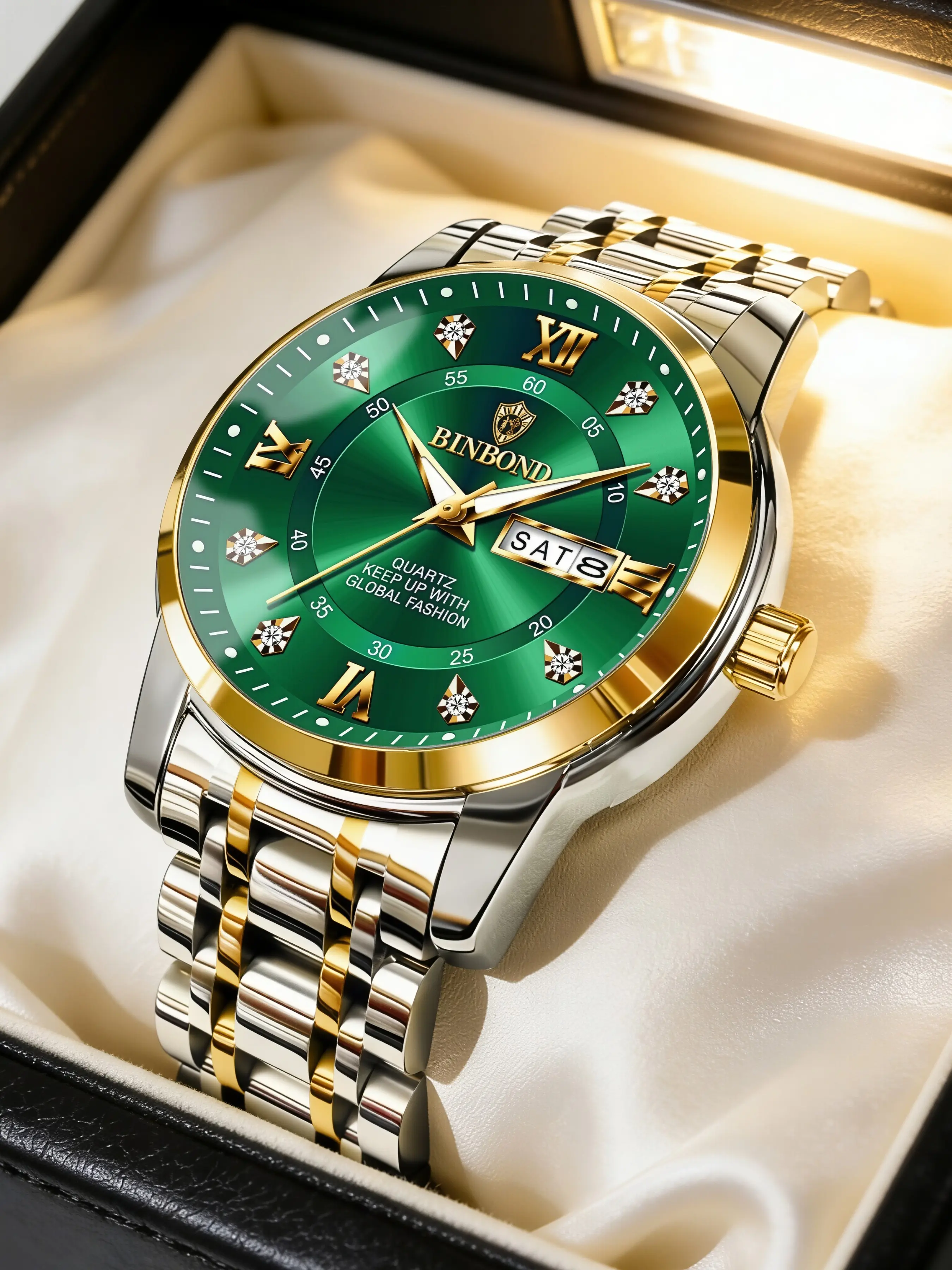 Mens Two Tone Fashion Quartz Watch Polished Silver Gold Case Green Sunburst Dial Diamond Roman Markers Day Date Window Solid Two Tone Steel Bracelet 30M Waterproof Business Fashionable Wristwatch Gift For Men