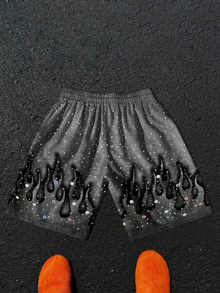 Manfinity Emrg Men's Summer Casual Street Colorful Rhinestone Letter Flame Print Loose Drawstring Shorts, Fitted Fit for Stylish Look Graphic Print Shorts