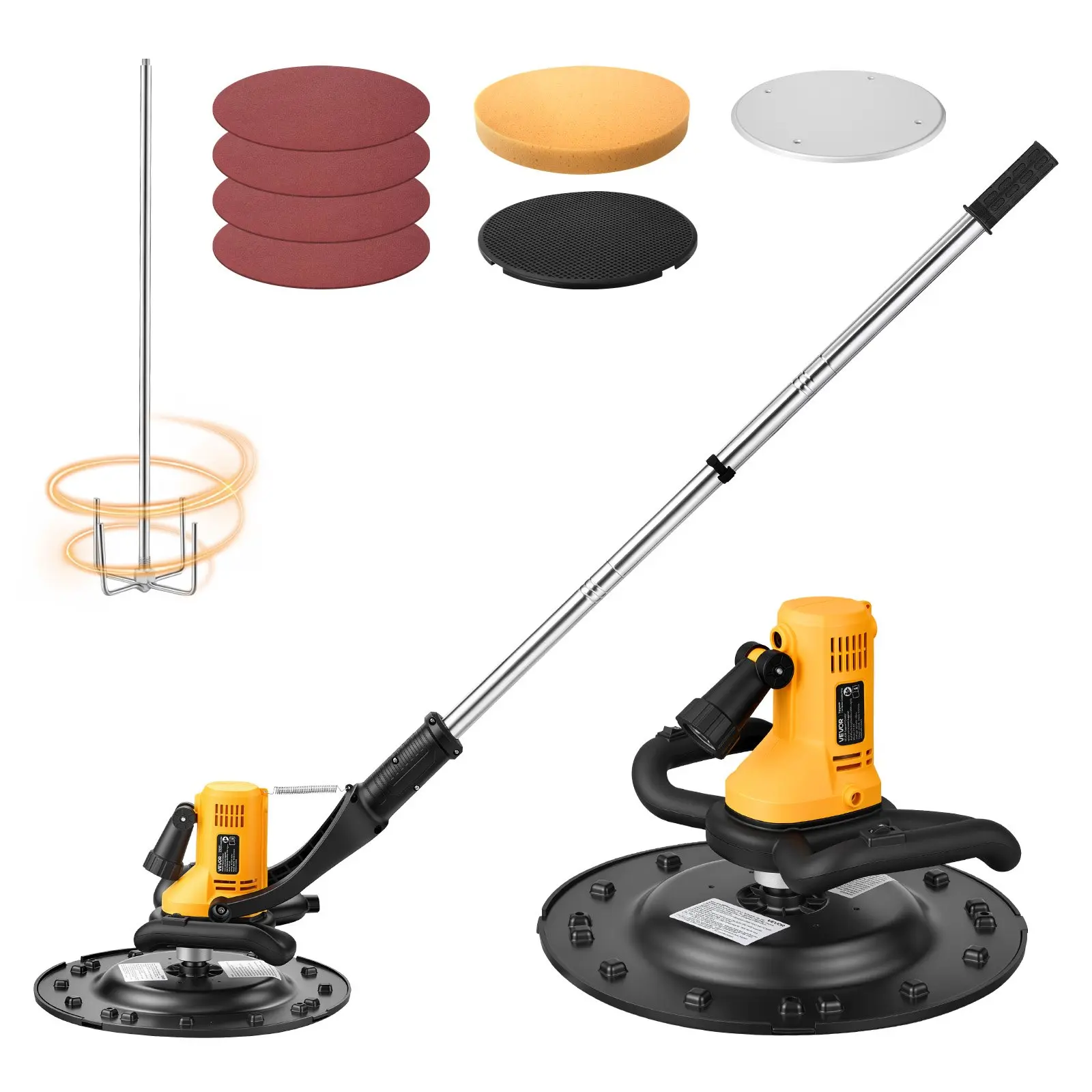 VEVOR Electric Power Trowel, 800W Concrete Finishing Machine Corded with Mixing Rod, 6-Speed Adjustable 120-200 RPM, Steel Plastic Trowel Discs, Extension Handle, Floor Smoothing Cement Finisher