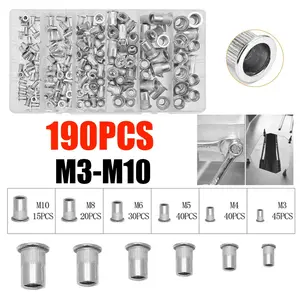 190pcs Boxed Flat Head Rivet Nuts, Zinc-Plated Aluminum Metric Thread Blind Rivet Nuts, M3/m4/m5/m6/m8/m10, Hardware Accessories