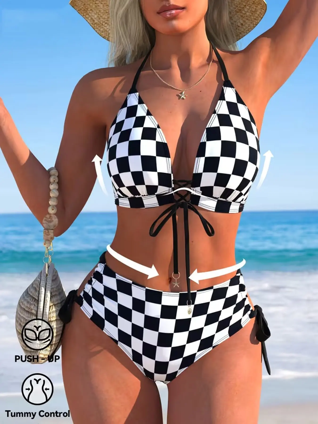 Women's Checkered Beach Bikini Set Swimsuit, Fashion Beachwear, Cross Tie Design, High Waisted Slimming, Perfect for Beach Vacation, Cruise Party, Summer