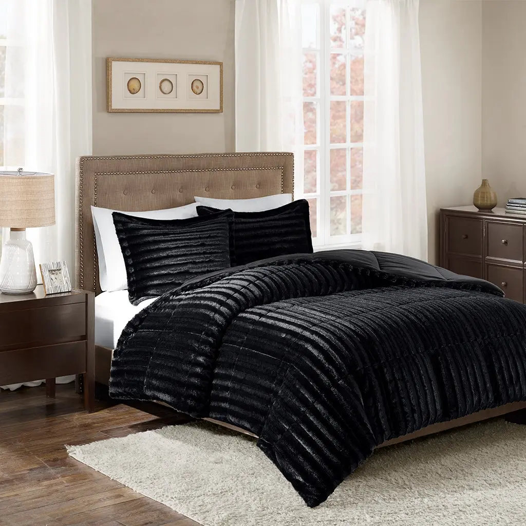 Nokaa Full/Queen soft plush Comforter Mini Set - Plush Pleated plush Bedding with Ultra-Soft Fluffy Comforter and Matching Shams, Hypoallergenic Polyester, Oeko-Tex Certified, Machine Washable, Cozy Bedroom Decor, Black