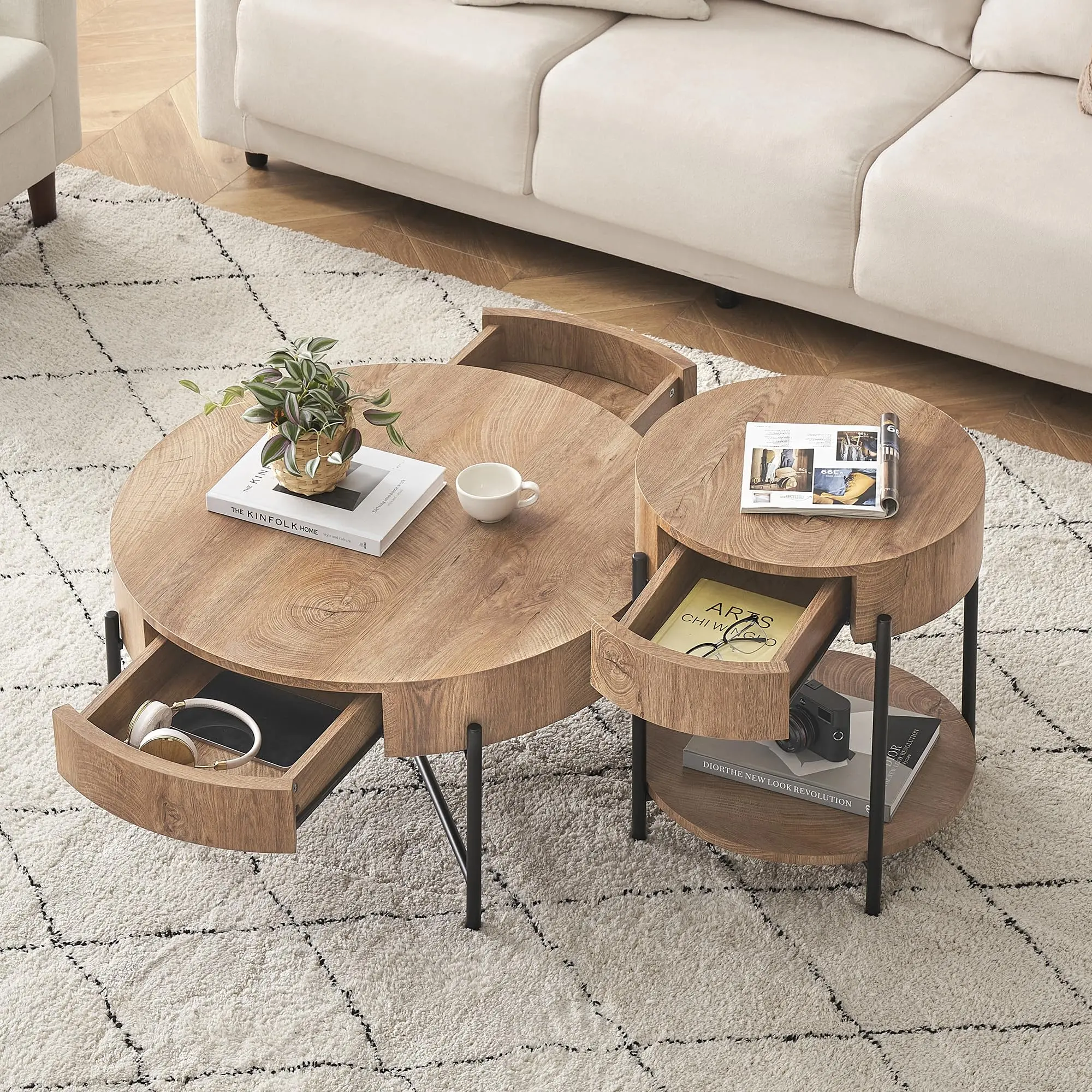 Round Farmhouse Coffee Table, Side Table ,Living Room Center Table with Spacious Storage Drawers, Natural Wood Surface Vintage Sturdy Metal Frame panther table