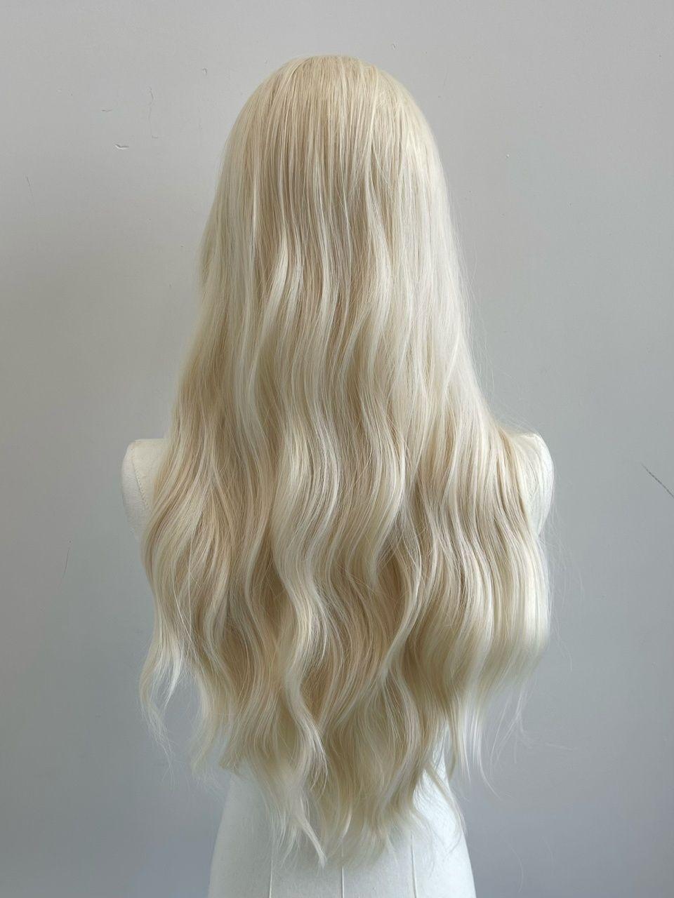 Women's Full Cap Platinum Blonde Long Curly Wig  Natural Middle Part Curtain Bangs, Water Wave Invisible Lace Front Wig