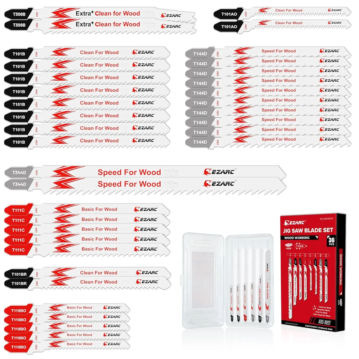 36pcs Jig Saw Blade Set for Wood Cutting, T-Shank Jigsaw Blades with Case, Fast Curve Cuts for Woodworking