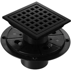 Matte Black 4 inch Square Shower Floor Drain with Flange, Removeable Grid Panel SUS 304 Stainless Steel Shower Drain