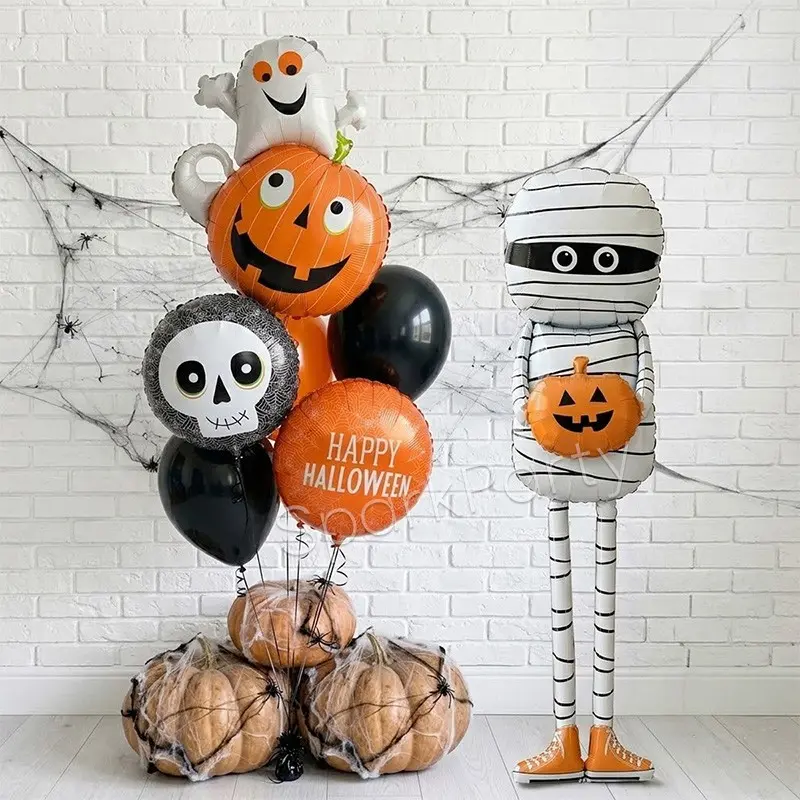 Halloween Party Balloon Set, Giant Pumpkin Mummy Alum Foil Balloons, Skull Halloween Slogan Balloons, Latex Balloons