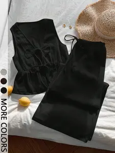 Women's Sleeveless Top & Wide Leg Pants Set, Casual Loose Fit Design, Perfect for Daily Wear & Commuting Comfort