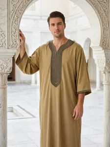 Moroccan Traditional Men's V-Neck Embroidered Long Robe, Loose-Fitting 3/4 Sleeve, Wedding Festival Wear, Gift Idea