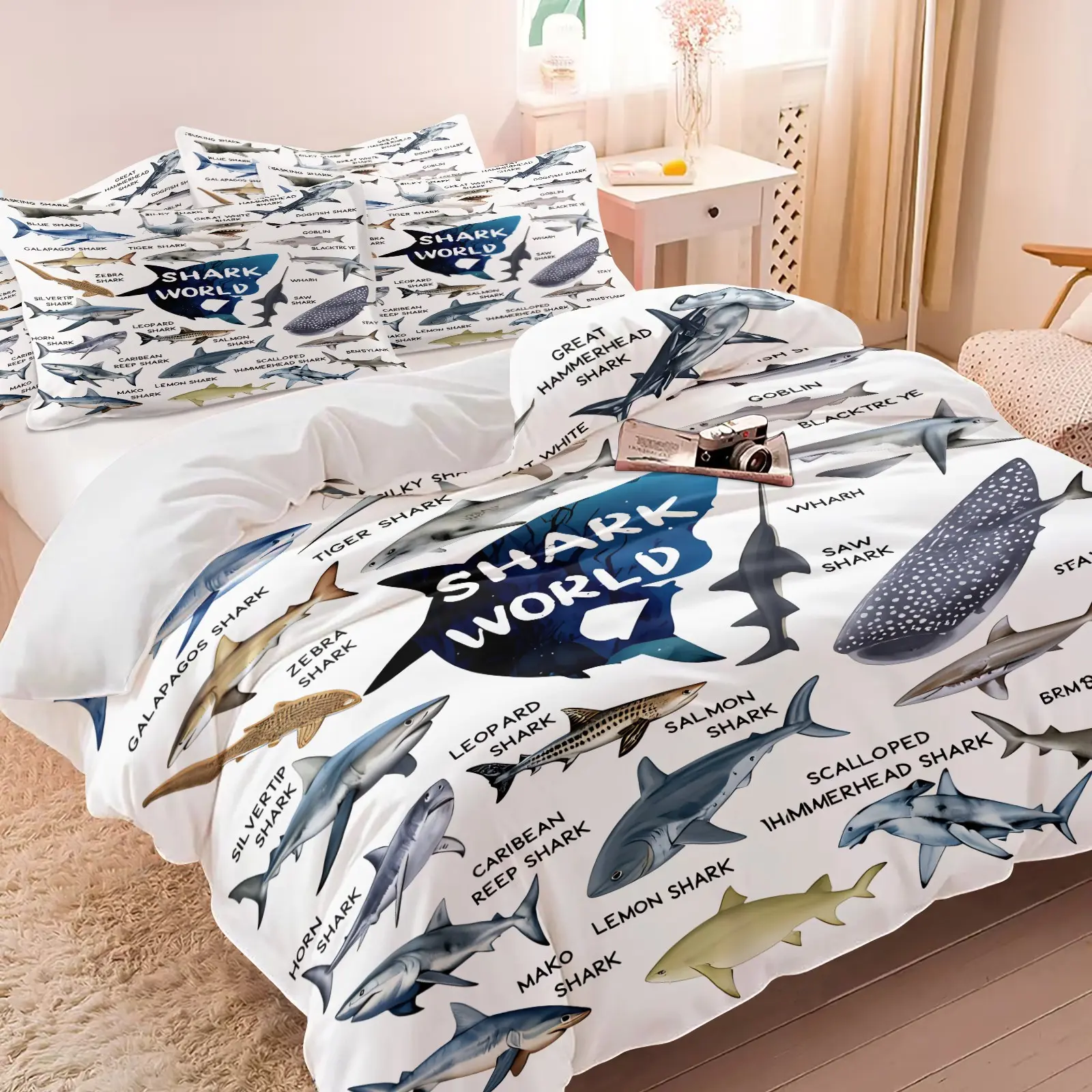 3PCS Shark World Species Chart Duvet Cover Set（1 Duvet Cover + 1-2 Coreless Pillowcases ), White Base Various Shark Types Educational Print, Soft Comfy All Seasons Summer Vibes Bedding Set,Ideal for Ocean Lover Boys Kids Bedroom Dorm Decor
