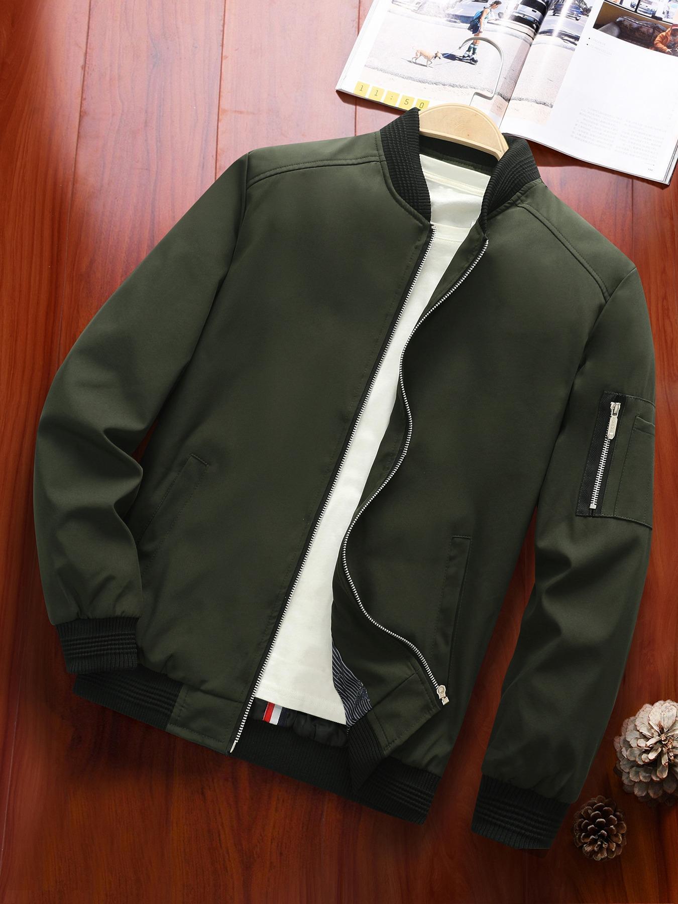 Men's Zipper Pocket Baseball Collar Varsity Jacket, Bomber Jacket Coat, Regular 2024 Mens Jacket, Casual Solid Color Baseball Jacket, Mock Neck Jacket, Going Out Outfit, Men's Streetwear Outerwear for Fall & Winter, Fall Clothes
