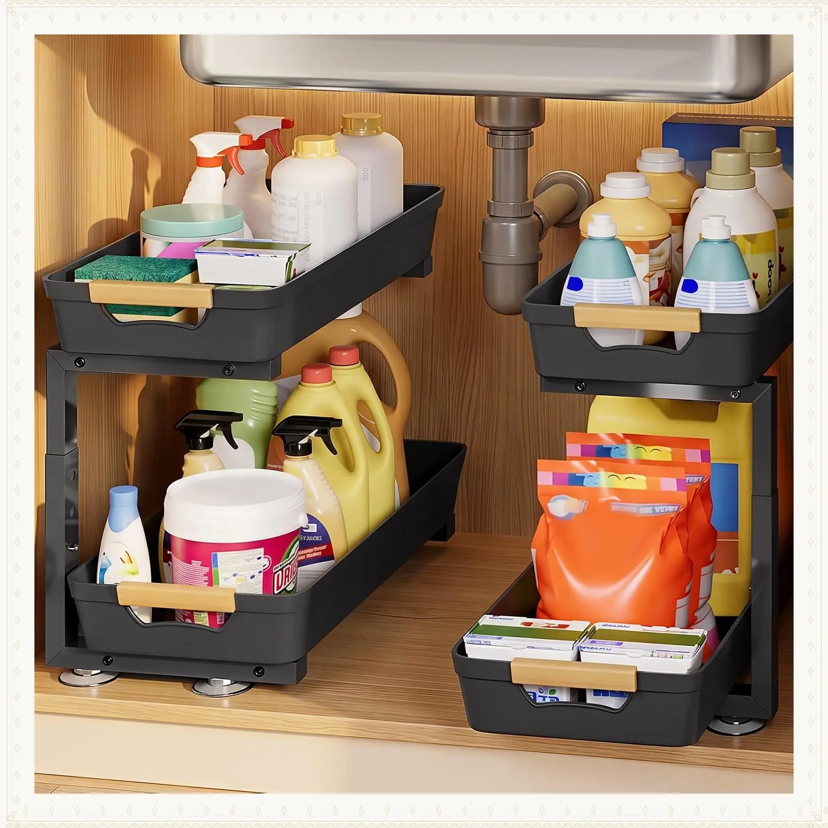 2-Pack Sliding Under Sink Organizer with Pull-Out Rack, 4 Easy-Access Baskets, Full-Extension Glide for Clutter-Free Kitchen CabinetsGift