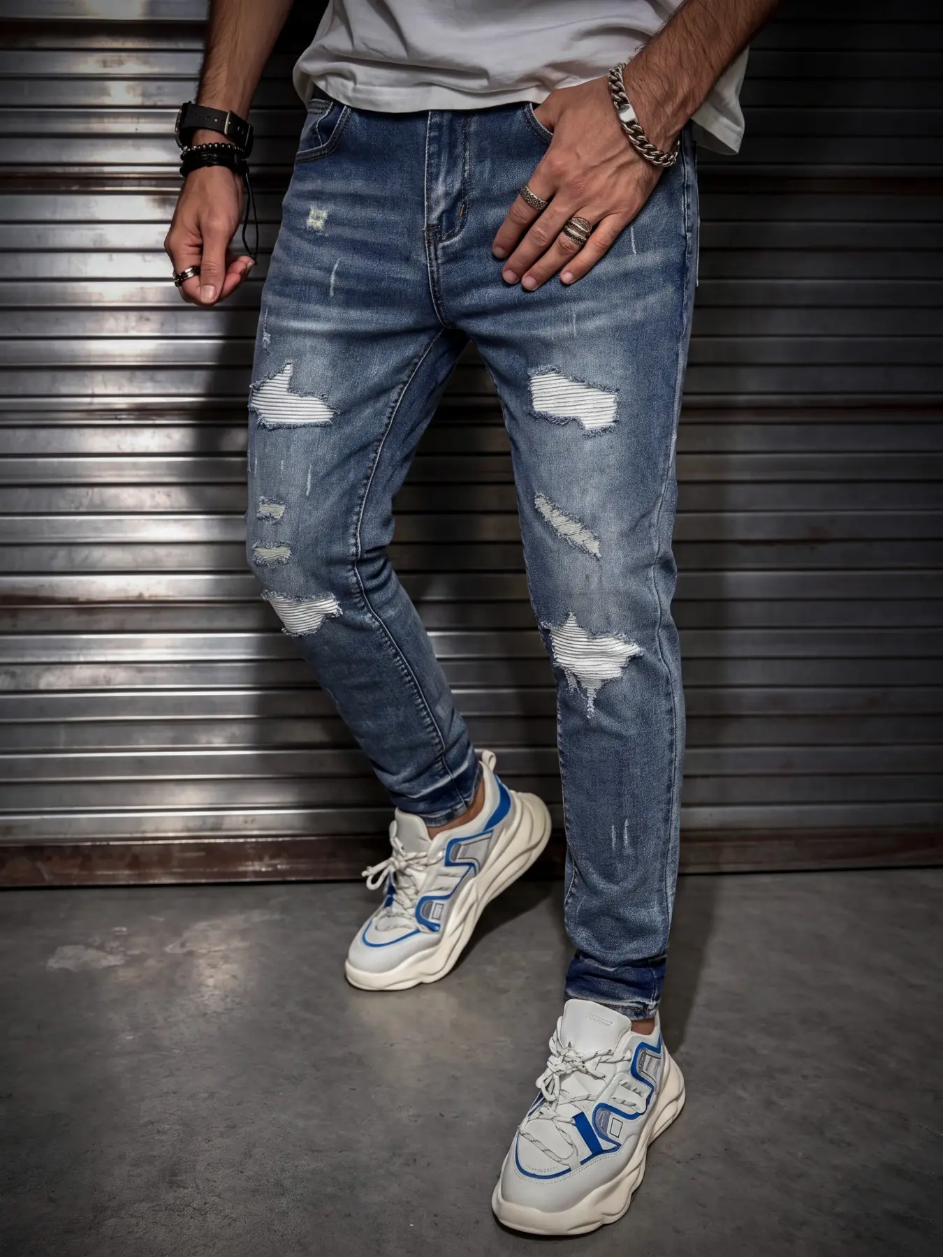 Men's Vintage Washed Slim Fit Jeans, Multiple Ripped Details with White Patchwork Design, American Y2K Streetwear Style, Casual and Versatile Denim Pants Perfect for Everyday Outings and Party Looks.