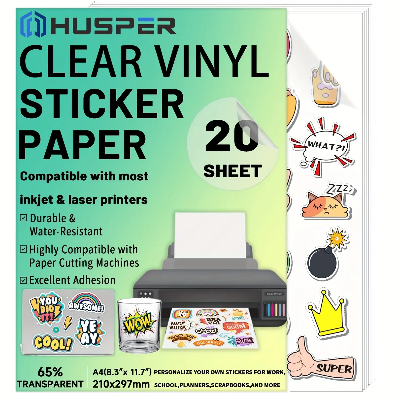20 Sheets Printable Vinyl Sticker Paper, Translucent A4 (8.3x11.7 Inch) 65% Clear Self-Adhesive Sheets, Waterproof, Dries Quickly Vivid Colors Decal Paper, Tear Resistant-for Inkjet Printer