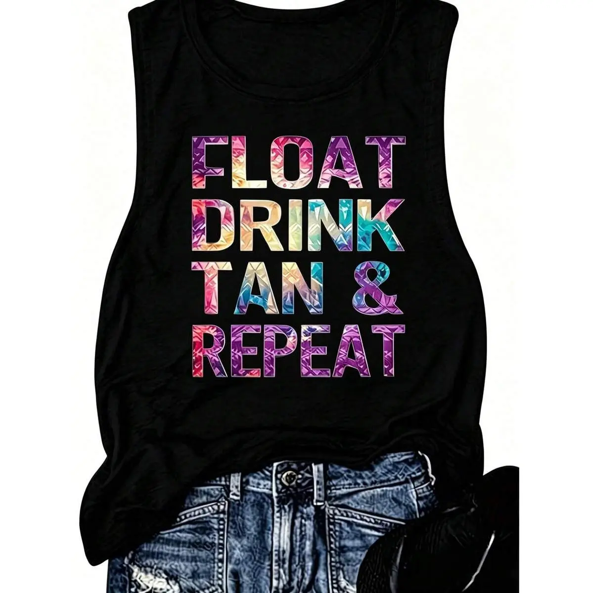 "Float Drink Tan & Repeat"  Slogan Tank Top For Women, Vacation Graphic Loose Fit Sleeveless Vest Casual Summer Beach Streetwear Top. Basic Day