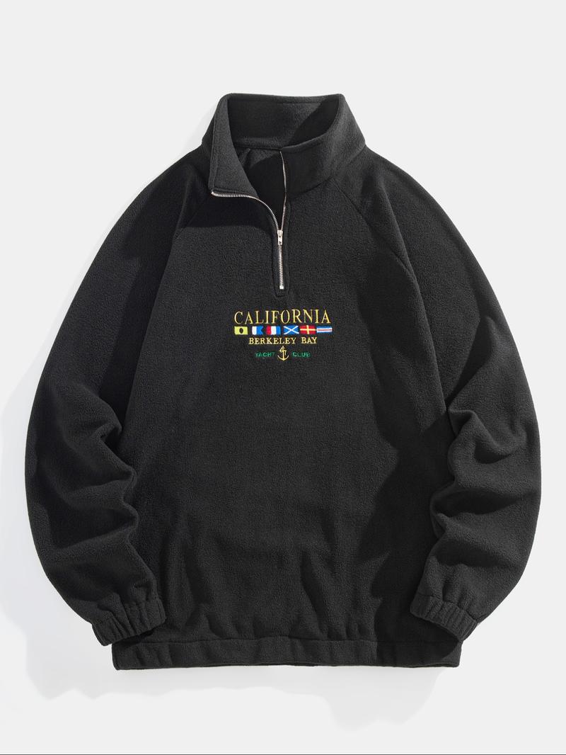 Men's Letter & Flag Embroidery Zip Up Sweatshirt, Casual Raglan Sleeve Long Sleeve Stand Collar Sweatshirt for Fall & Winter, Fashion Men's Clothes for Daily Wear