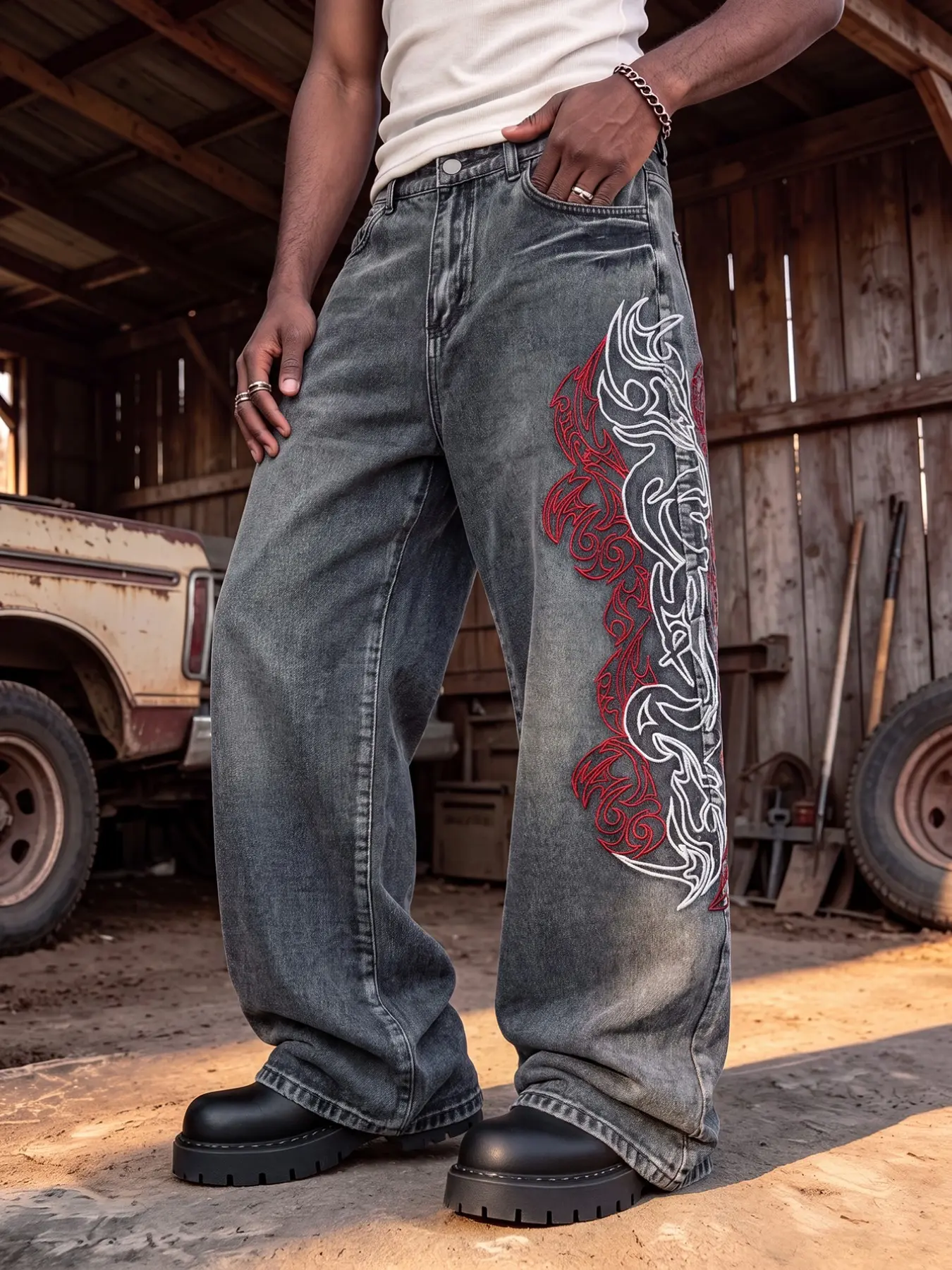 Men's Vintage Washed Jeans, Tribal Totem Embroidery, Loose Fit Wide Leg Y2K Street Style Long Pants