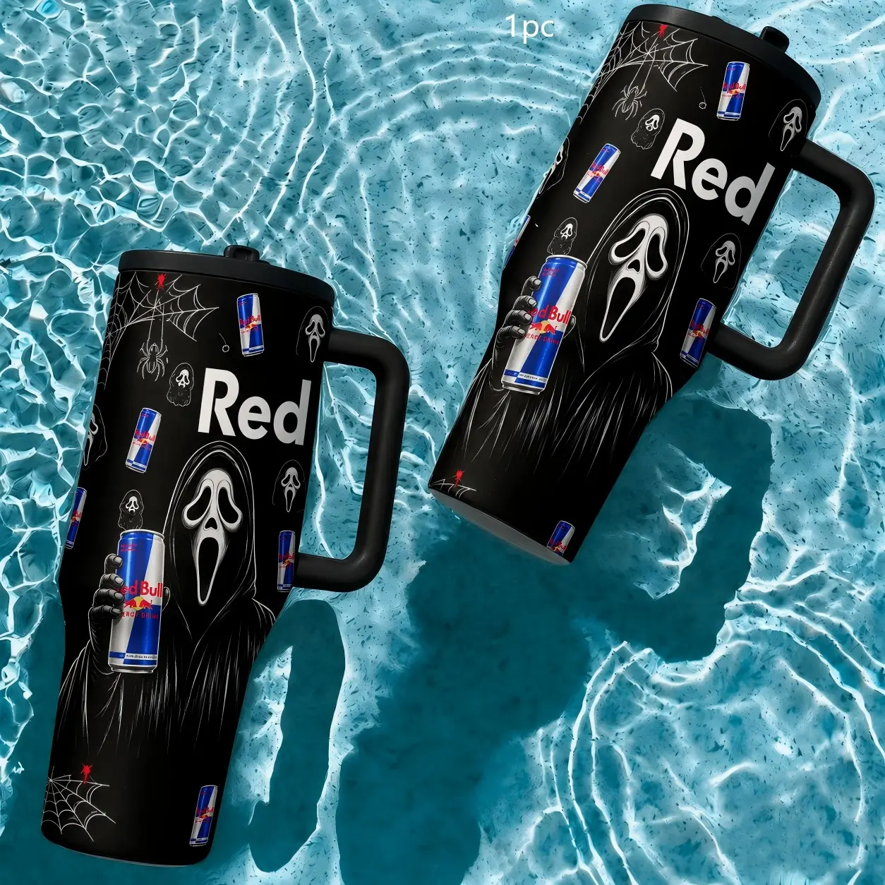 1pc 40oz Black Horror Energy Drink Style Stainless Steel Vacuum Insulated Tumbler with Handle, Leakproof Lid and Straw, Double Wall Travel Office Cup for Hot & Cold Drinks, Keeps Hot 12H & Cold 24H, Spooky Gift Cup, Insulated Drinkware