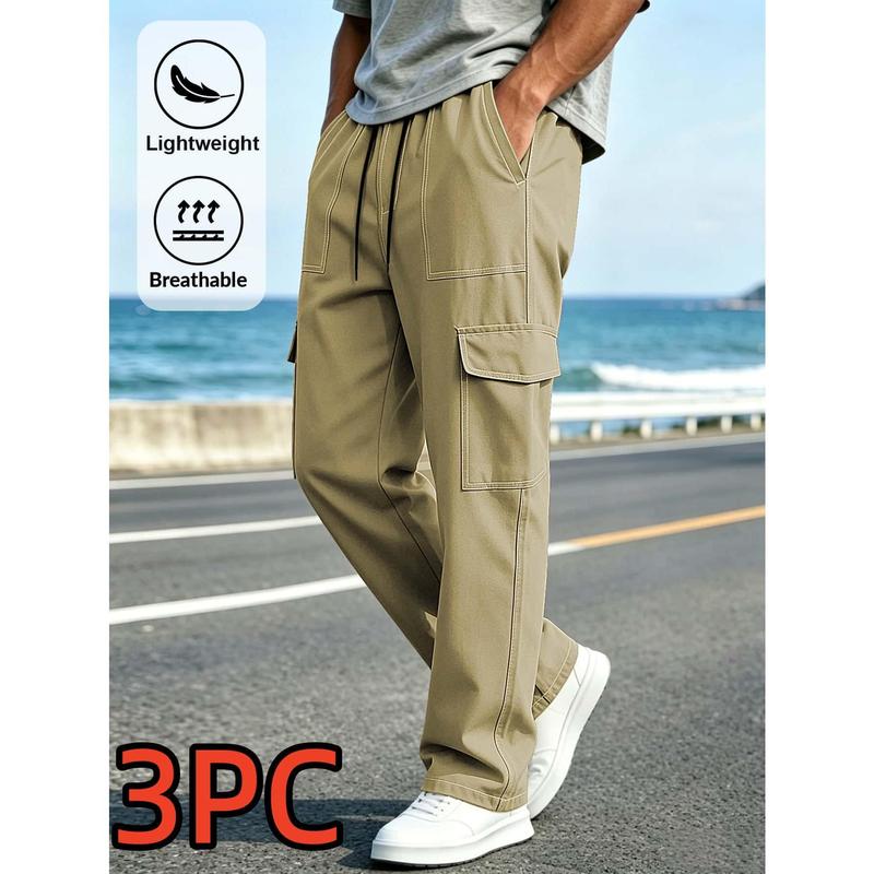 3PC Men's Wide Leg Work Pants, Loose Straight Leg, Work Pants Pocket, Elastic Drawstring Waist Circumference, Quick Drying, Breathable, Fashionable and Casual, Sports and Leisure Work Pants