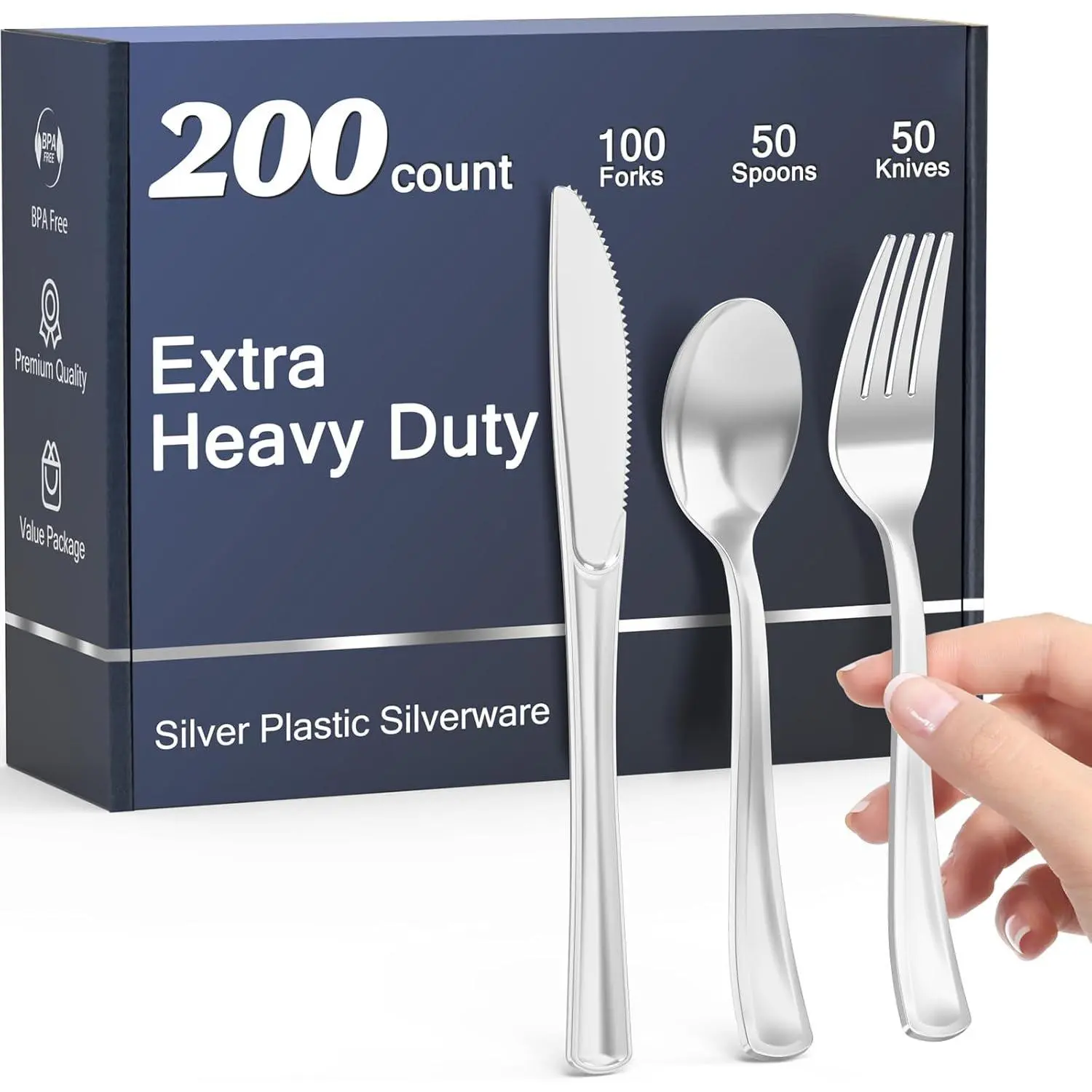 200 Count Heavy Duty  Plastic Silverware | 100 Forks, 50 Spoons, 50 , , Heat Resistant, Disposable Plastic Utensils Set Cutlery Set, Plasticware Bulk