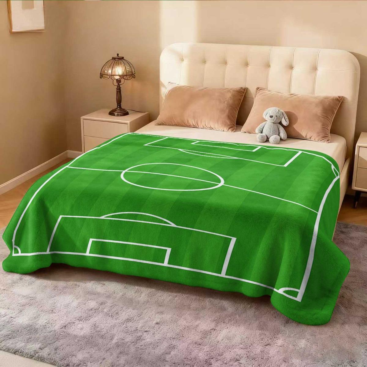 Green Football Field Theme Print Flannel Blanket - Pattern Printed Flannel Blanket - Comfortable Blanket, Soft And Warm, Four Seasons Universal, Suitable For Bed, Sofa, Office And Outdoor Blanket