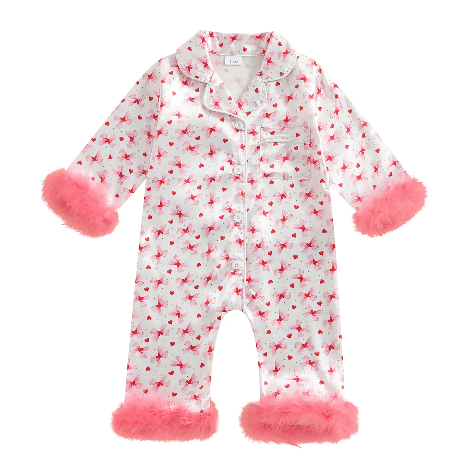 Newborn Baby Girl Romper Pajamas Bow Strawberry Print Feather Cuffs Long Sleeve Lapel Button Down Jumpsuit Sleepwea