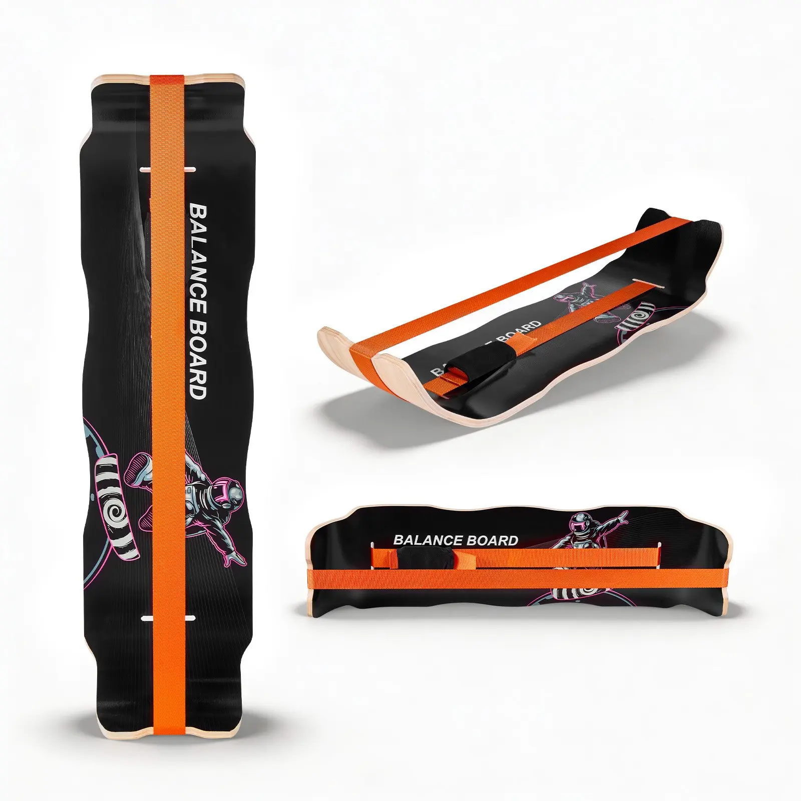 VEVOR Solid Wood Curved Balance Board, Compact Lightweight Wobble Board Trainer for Adults, Easy-to-Clean Surface Wipe Clean Core Workout Equipment, for Yoga-Pilates, Standing Desk Home Gym Use, Black Orange