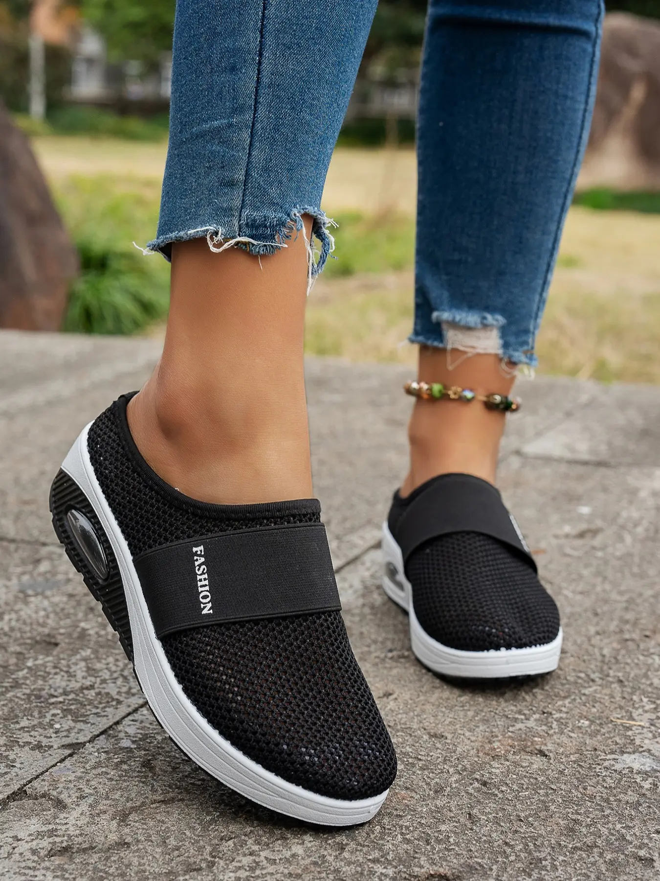 Women's Mesh Elastic Strap Backless Platform Slip On Mule Sneakers, Fashion Open Heel Walking Shoes for Daily Shopping, Outdoor Strolls & Everyday Casual Outfits