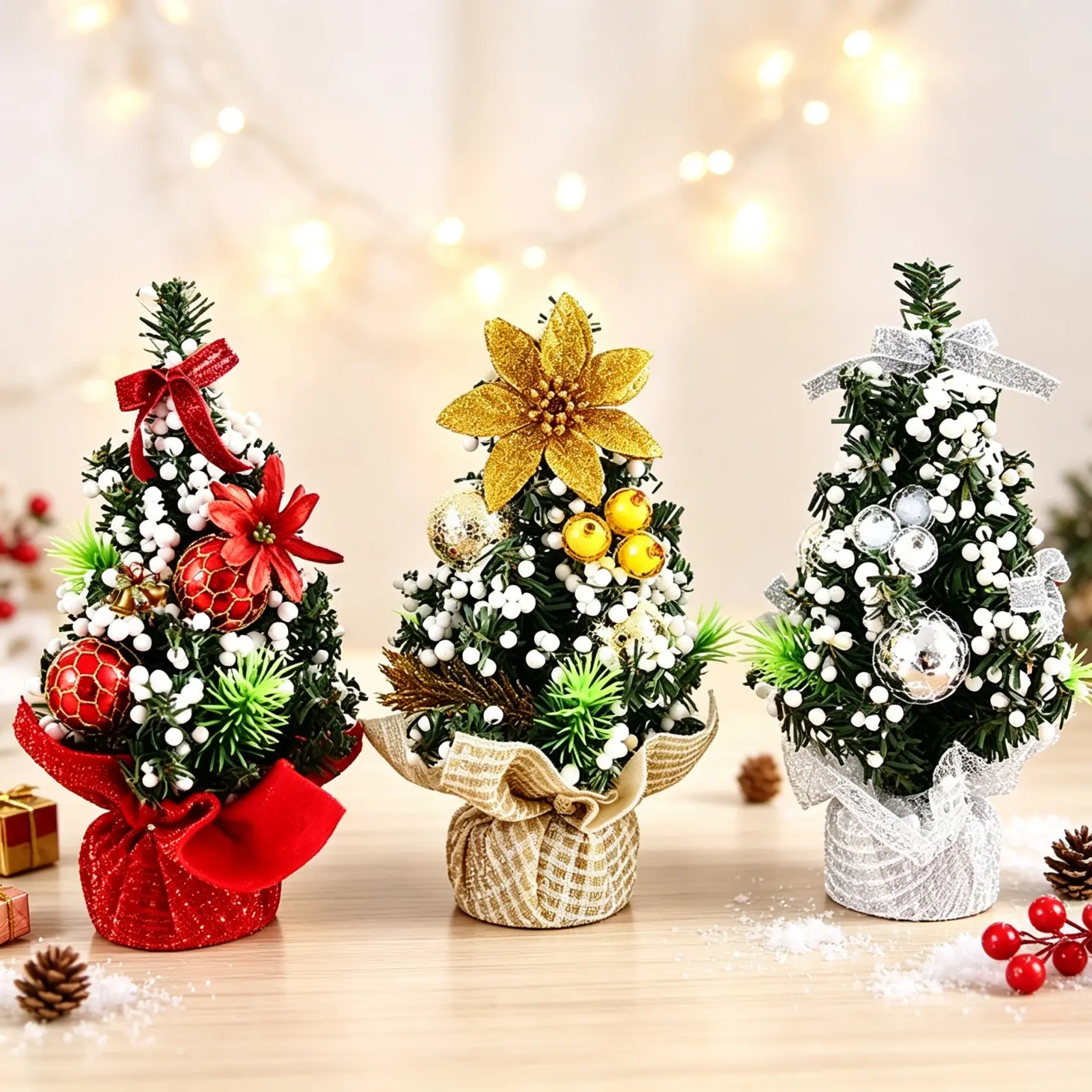 3 Piece Mini Christmas Tree Decorations, 20cm Holiday Ornament Set, Desktop Display, Festival Party Decoration, Home & Store Use