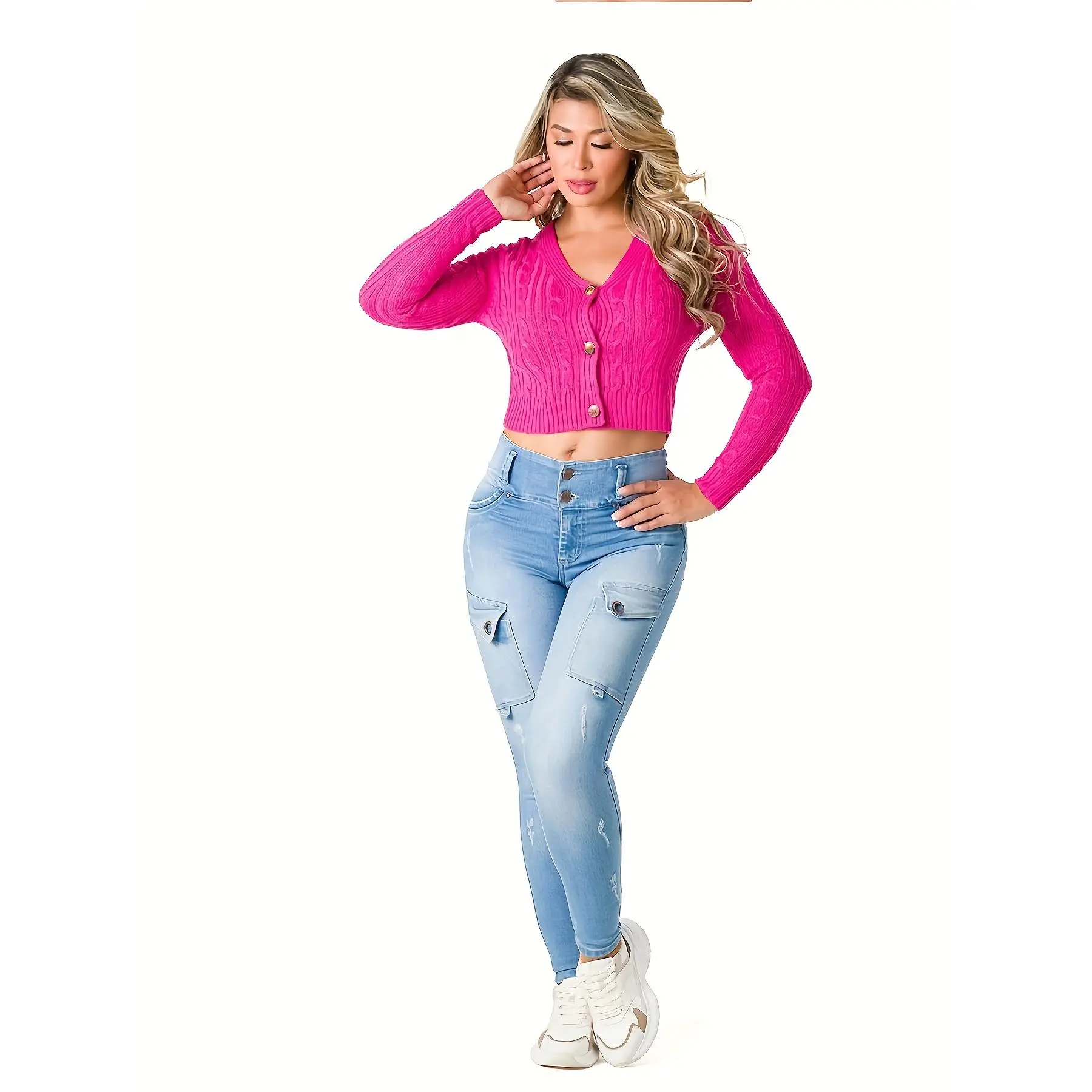 Mid-rise Double Button Waistband Skinny Jeans for Women with Multiple Pockets, V-shaped Cut to Create A Peachy Butt, Machine Washable All Year Round, Casual for Daily Wear, Home, Work, Street Dating, Fitness Outfit.