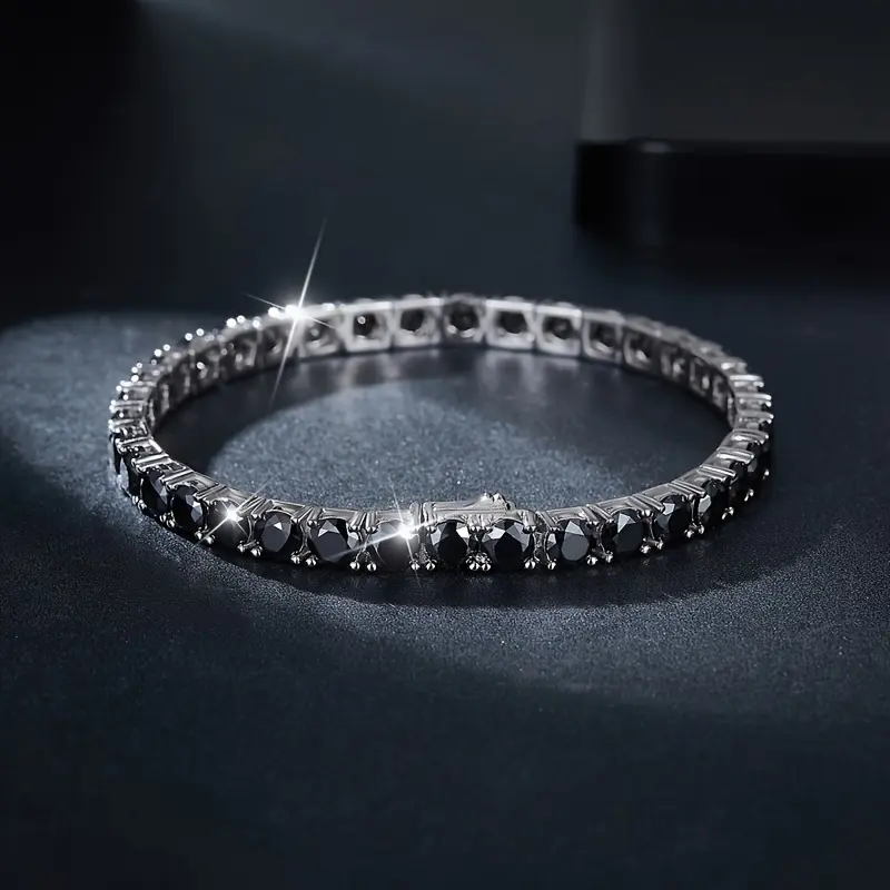 7.09 Inch Black Moissanite Bracelet, Sterling Silver Minimalist Tennis Bracelet, Unisex Timeless Design