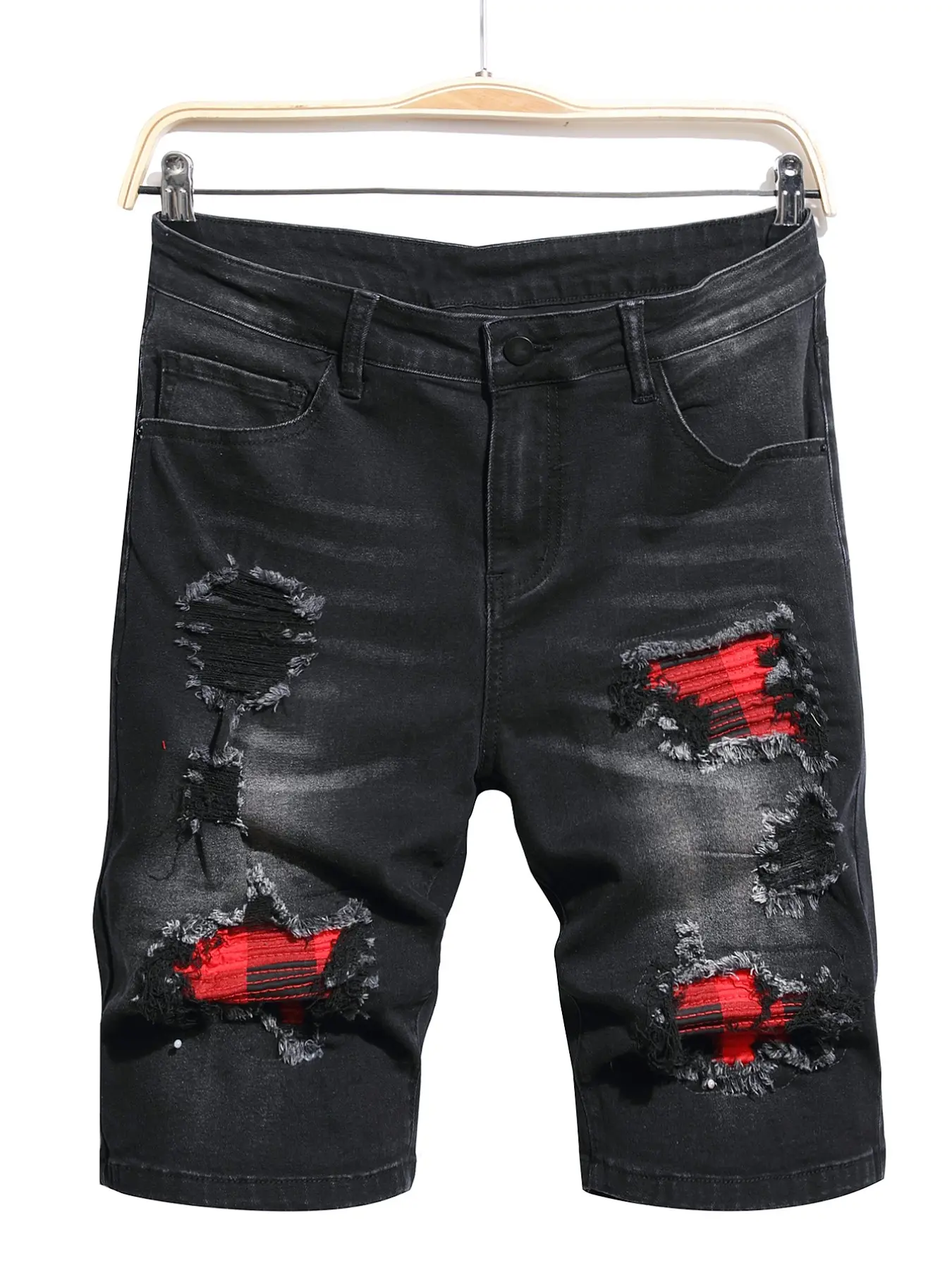 Men's Ripped Denim Five-Quarter Shorts, Plaid Lining Patch, Tight Straight Streetwear, Summer Casual Mid Waist Zipper Fly