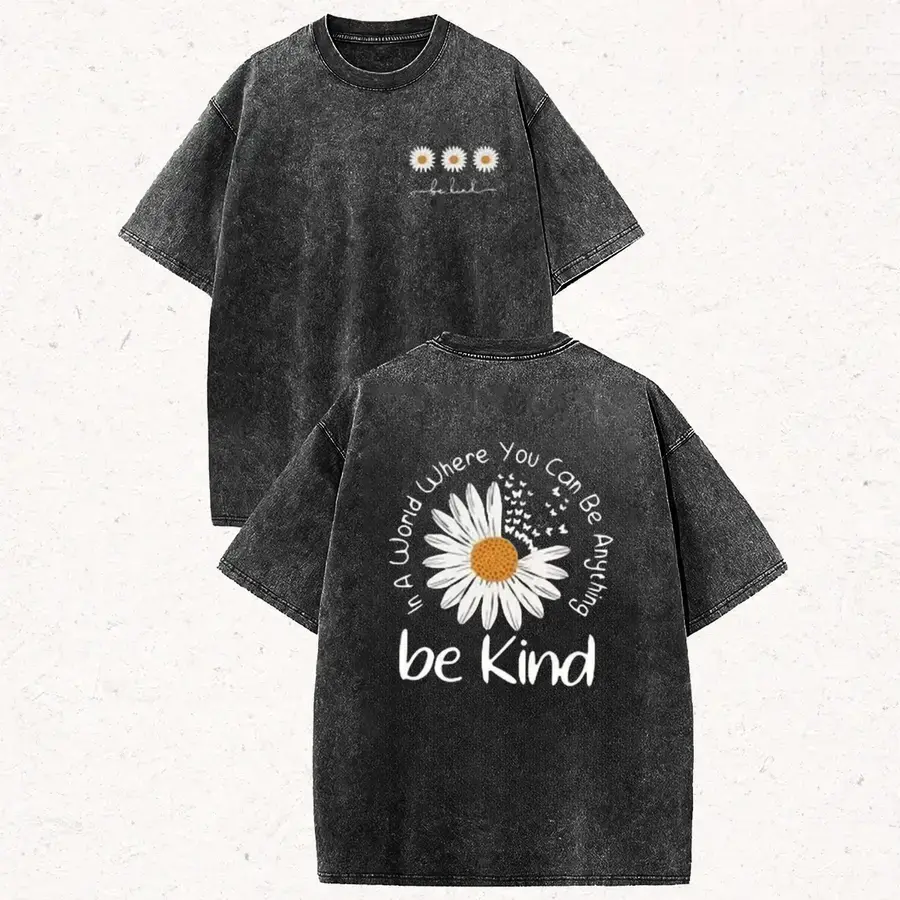 Women's Be Kind Daisy Print Short-Sleeve T-Shirt - 100% Soft Cotton Fabric, Vintage Acid Wash, Oversized, Trendy, Casual Streetwear Fit