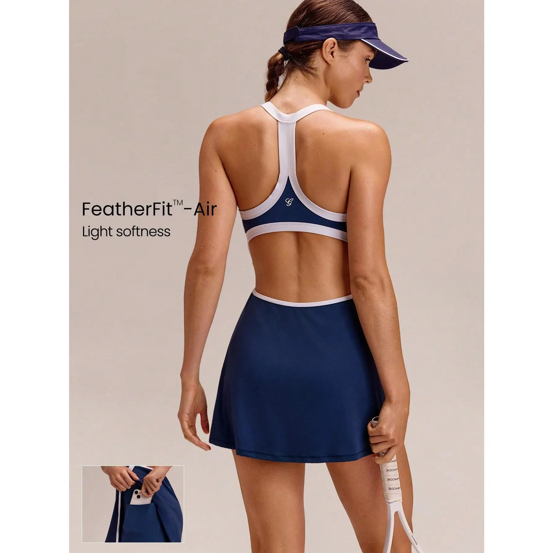 GLOWMODE FeatherFit-Air MatchGlow Contrast Trim Side Slit Racerback Tennis Golf Dress With Built-In Shorts Pockets Foam Cups Summer
