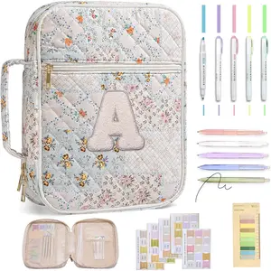 Personalized Initial Bible Cover Case for Women - Large Quilted Bible Bag with Handle, Chenille Letter, Bible Study Kit, Christian Gift for Mom, Grandma & Daughter (Patchwork Floral-A)
