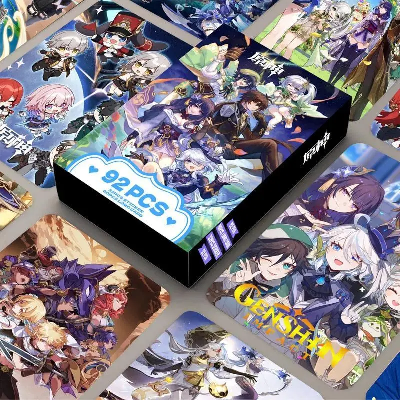 2026 hot item 92Pcs/Set Game Genshin Impact Laser Lomo Card Venti Klee Xiao Zhongli Mini Postcard Photo Cards Stickers Fans Gift Popular toys