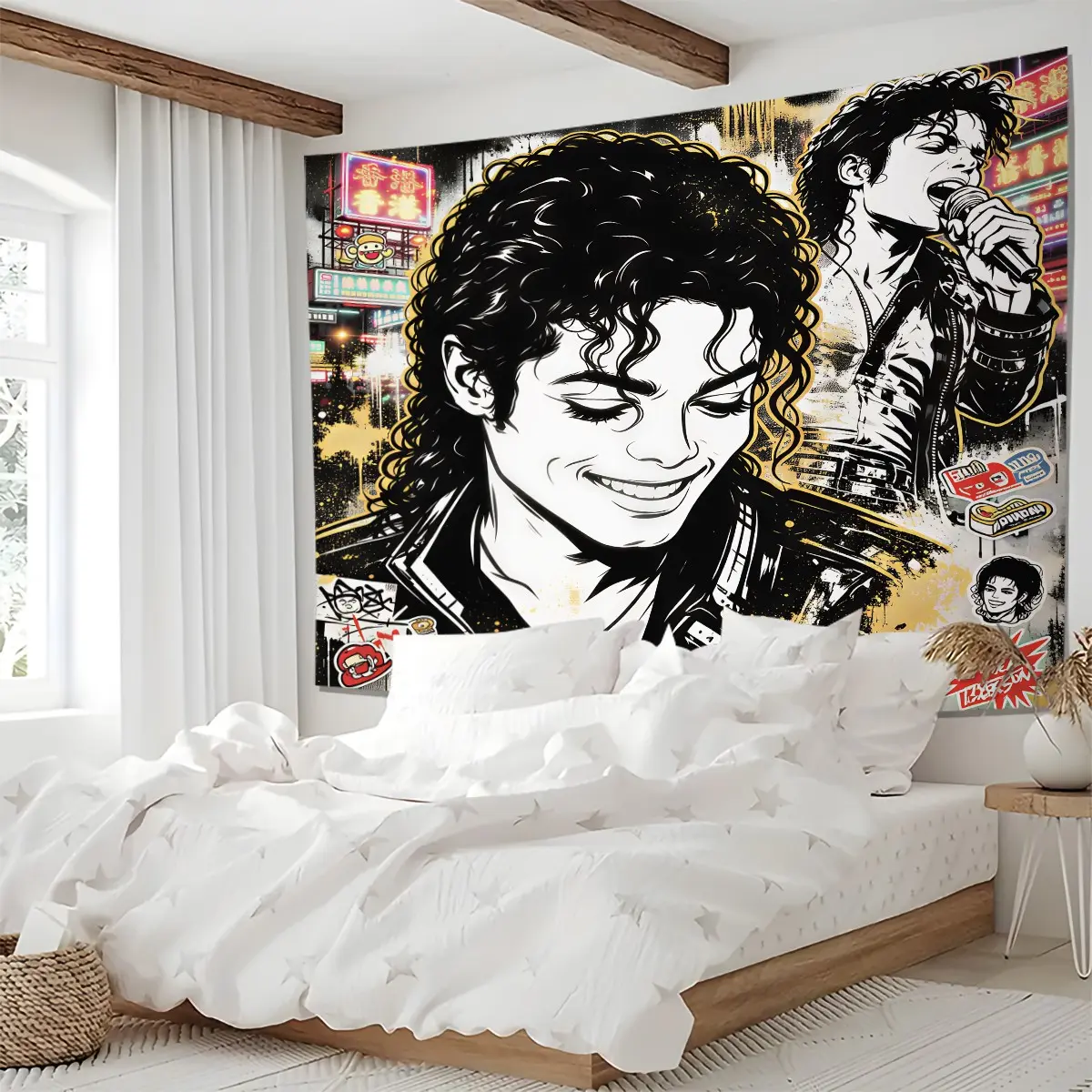 Michael Jackson Hong Kong Neon Street Graffiti Decor Tapestry, HD Digital Print Nice Drape, Black White Comic Portrait Sticker Collage Wall Hanging For MJ Fans Bedroom Media Room