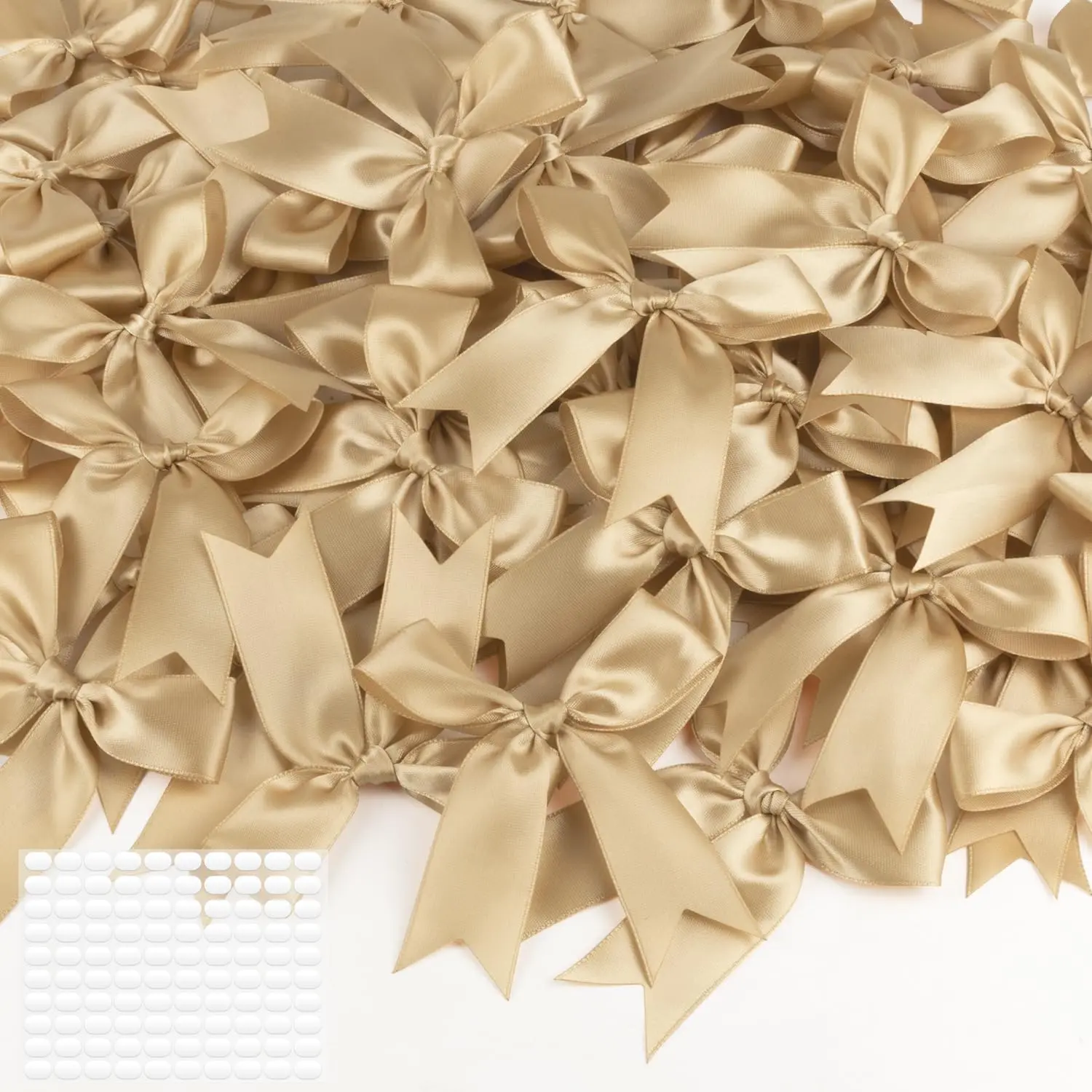 Champagne  Wrap Bows 60 count 3.5 Inch Pre-Tied Satin Bows with  Adhesive for Wedding, Engagement, Anniversary & Elegant Party Decor