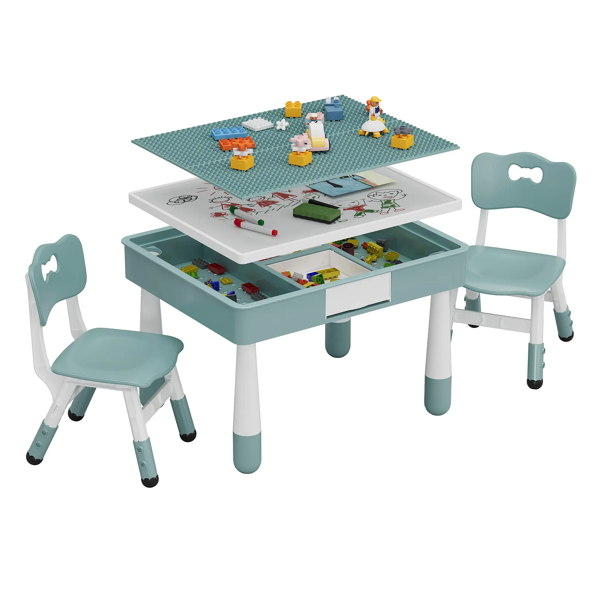 GARVEE 4-in-1 Kids Activity Table and 2 Chairs Set,Double-Sided Large Building Block Play Table & Art Desk for Drawing, Reading & Eating,Adjustable Toddler Chairs for Ages 3-10,Ideal Gift for Boys & Girls