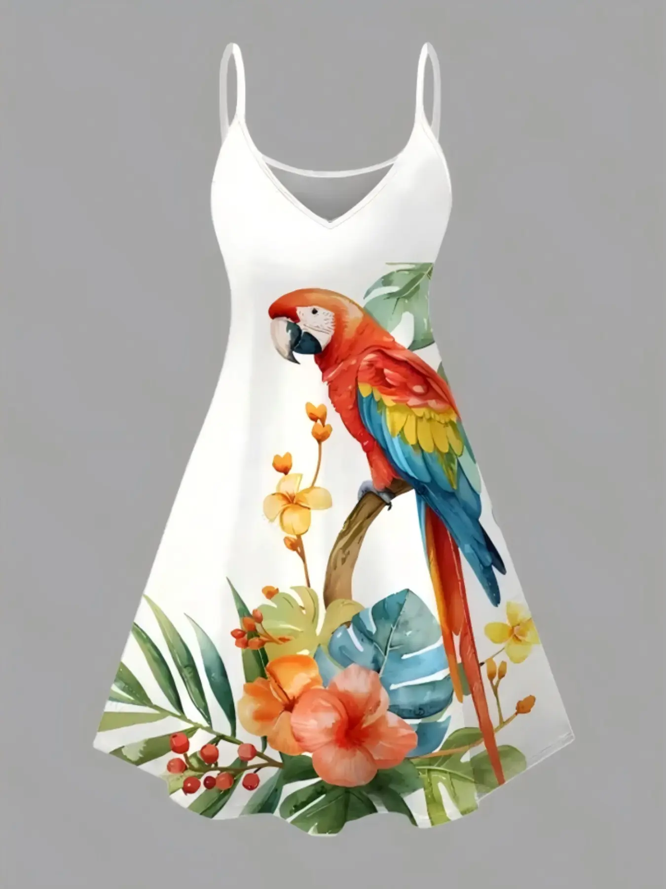 Vacation Dress with Parrot Floral Leaf Print, Thin Straps Design, Sleeveless, Lightweight, Perfect for Summer, Stylish and Comfortable Clothing