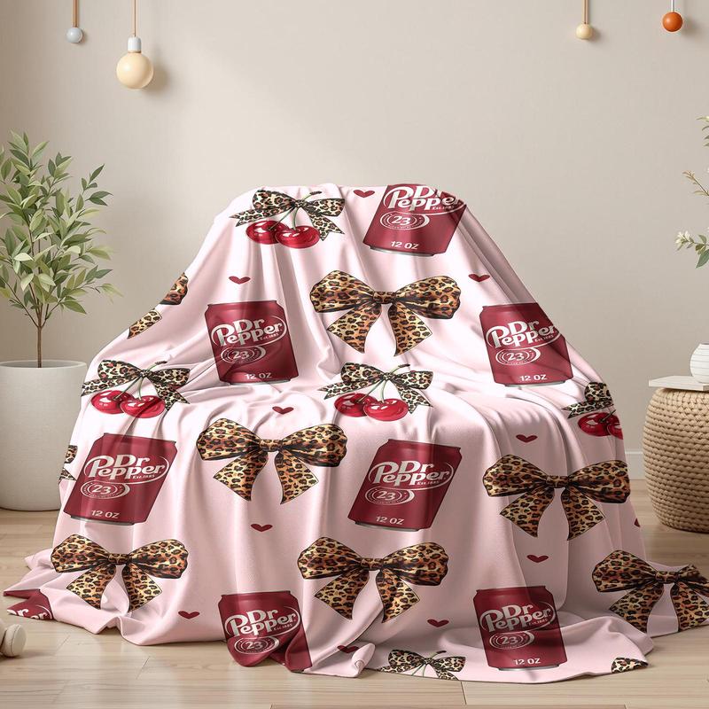 Dr Pepper Flannel Leopard print bow Throw Blanket cozy soft fluffy blanket decorative giftable soft fleece blanket figure print slogan reversible fluffy