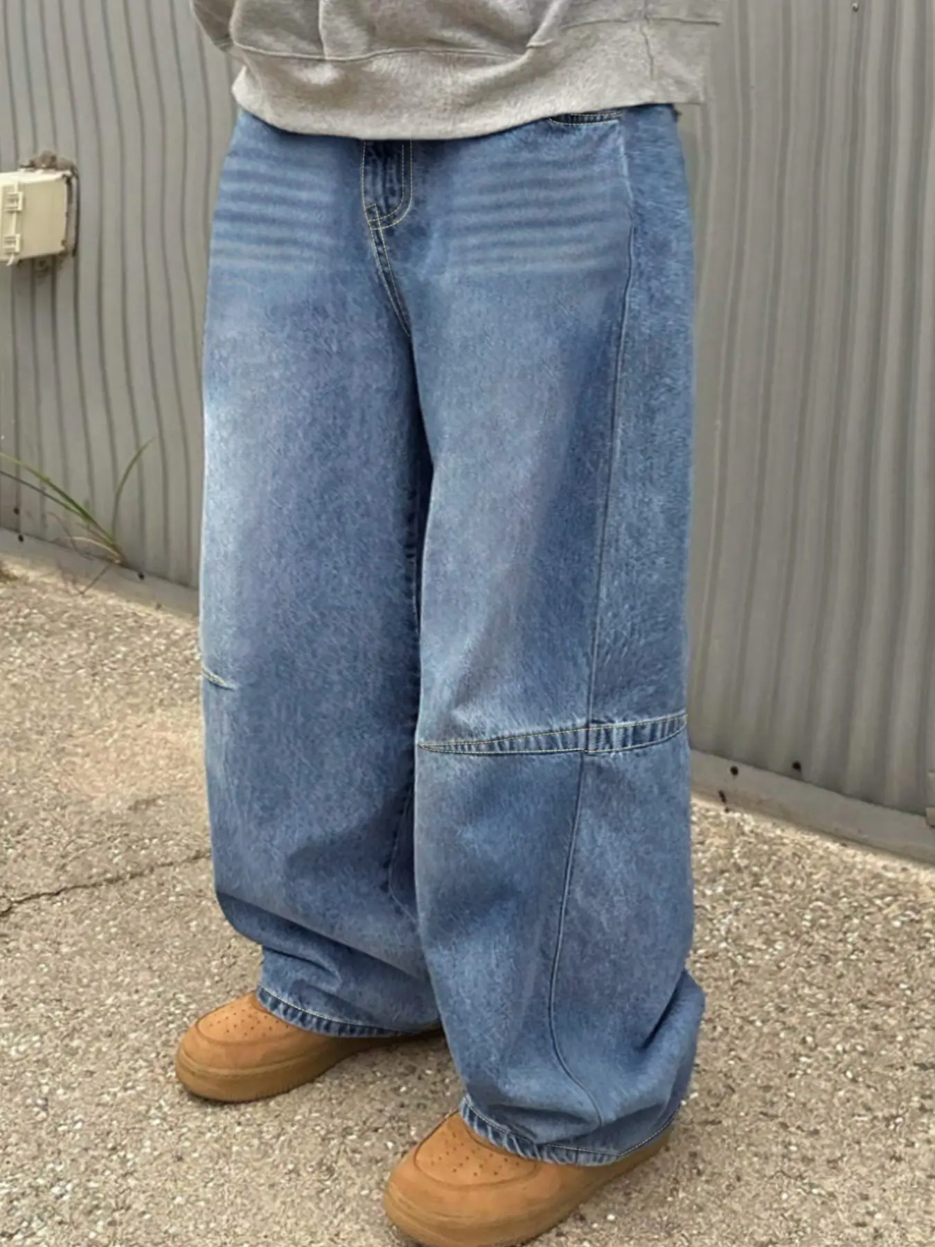 Men's Plus Size Light Blue Denim Jeans, Baggy Wide Leg Design, Stitched Panels, Street Style, All Season Wear, Comfortable Fit