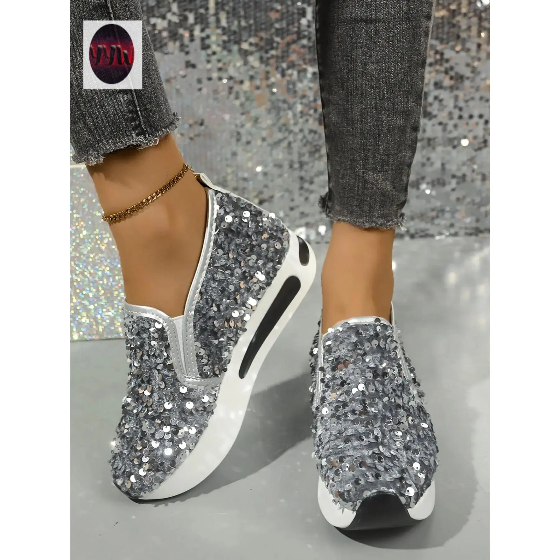 YYW1 Women's Plus Size Casual-On Sneakers, Height Increasing Sequins Design, Breathable Comfort Thick Sole Shoes Daily, Walking Shoes, Classic Casual Shoes, On Footwear