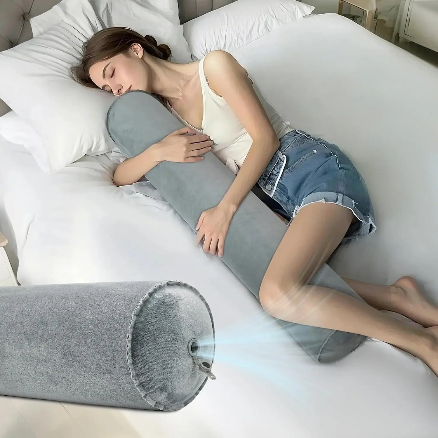Inflatable Body Pillow Long Pillow for Bed Oval Bolster Pillow | for Good Sleeping and Back/Neck Support, 1pcs Grey