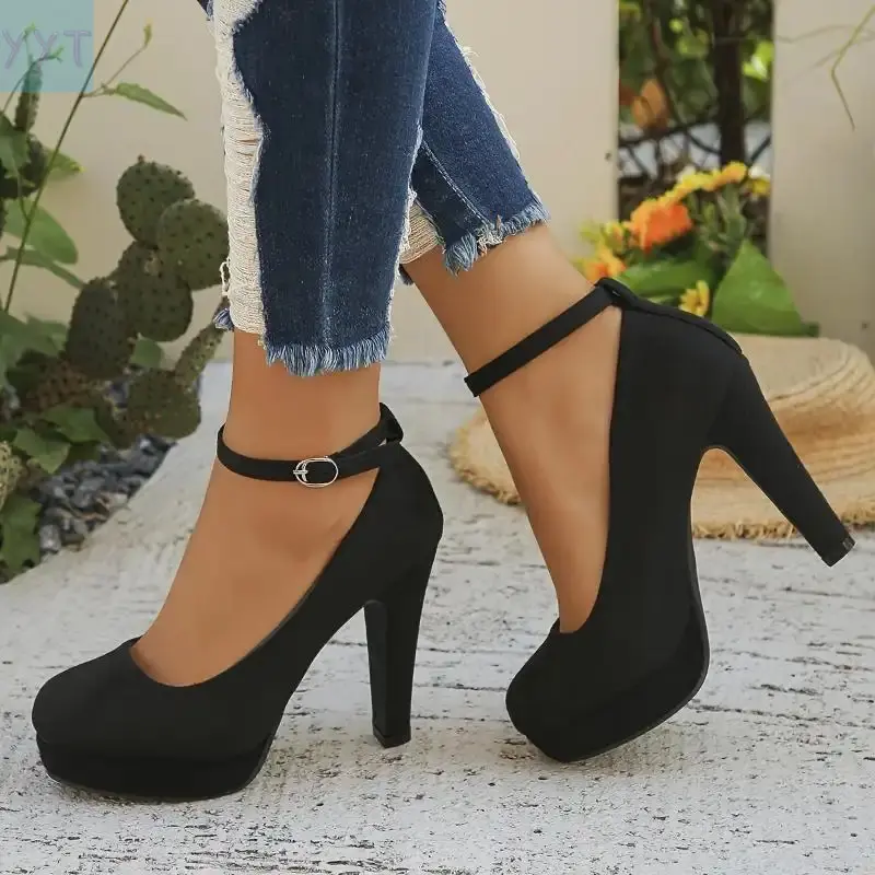 YYT1 Black Velvet Heel Pumps with Ankle Strap - Professional Women's Dress Shoes, Round Toe Platform Heels Work & Events, Comfortable Faux Cover Lining, Rubber Sole, Hand Wash or Dry Clean