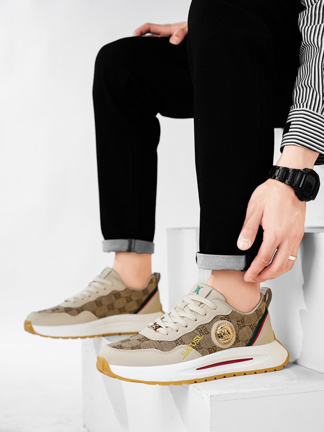 Men's Khaki Luxury-Inspired Chunky Sneakers, Gold Emblem Accents, Retro Monogram Design, Thick Cushioned Sole, Streetwear Casual Shoes for American Trendsetters